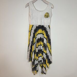 Women’s Handkerchief Hem Dress Boho Yellow Black White Sleeveless S/M